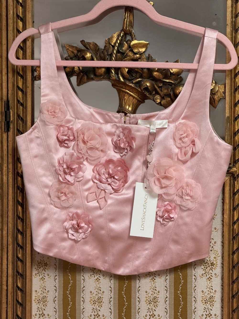NWT LoveShackFancy Lorelai Bustier Corset Rose Champagne Pink Appliqué Flowers 6